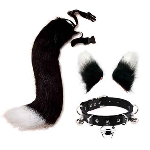 Therian Tail und wolfsohren Set Kunstfell Haarspange Furry kostüm mit Hals Chocker,Cosplay Kostüm für Kinder Erwachsene Halloween Party (one Size,Farbe 11) von WANAHTON