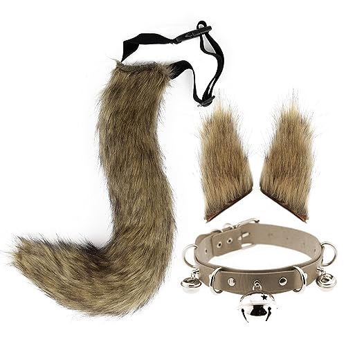 Therian Tail und wolfsohren Set Kunstfell Haarspange Furry kostüm mit Hals Chocker,Cosplay Kostüm für Kinder Erwachsene Halloween Party (one Size,Farbe 14) von WANAHTON