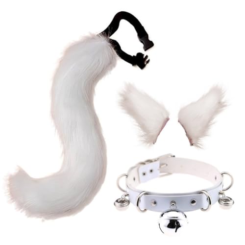 Therian Tail und wolfsohren Set Kunstfell Haarspange Furry kostüm mit Hals Chocker,Cosplay Kostüm für Kinder Erwachsene Halloween Party (one Size,Farbe 2) von WANAHTON