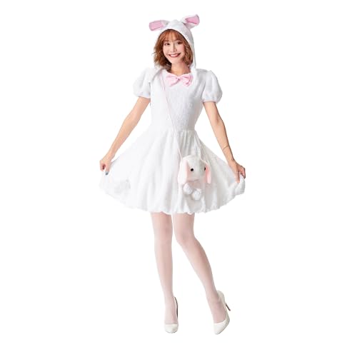 WANCHENG Hasenkostüm für Damen, Osterparty, süßes Häschenkleid, Oster Halloween Cosplay Kostüm, mit Hasenohren Mütze + Kleid (One Size) von WANCHENG