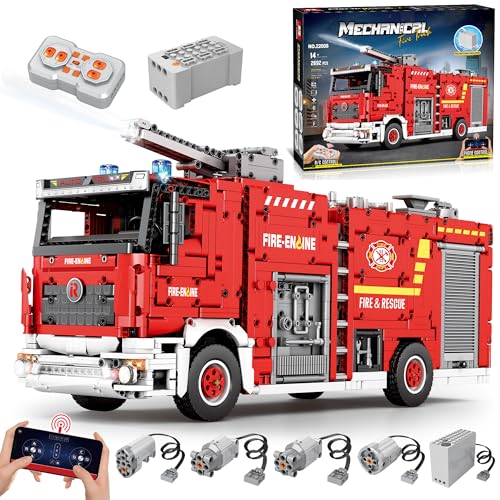 WANCHENG Technik Feuerwehrfahrzeug Bausatz Modell, 2692 Teile 2.4G RC Fernbedienung Wasserspray Feuerwehrauto LKW Bausteine, mit 4 Motor, Baufahrzeug Modellset von WANCHENG