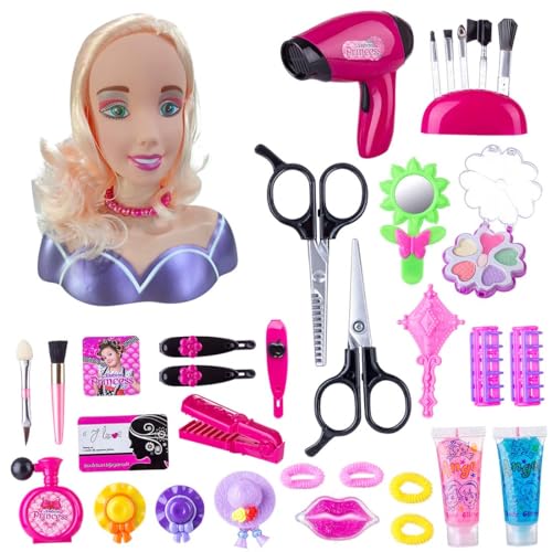 WANENGEDIY 5806 - Friseur Set für Kinder Frisierpuppenkopf mit Haartrockner Frisierkopf für Prinzessinnenpuppen Zubehör für Haare & Make-up Spielzeug für Mädchen ab 3 (Satz von 34 Stück von WANENGEDIY