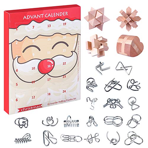 WANENGEDIY Brain Teaser Puzzle Holz und Metall 3D Entriegelung Interlocking Jigsaw Puzzle - 24 Teile Weihnachts-Adventskalender 2024 IQ Games 3D Puzzle Erwachsene und Kinder von WANENGEDIY