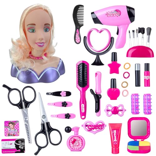 WANENGEDIY Frisierkopfpuppe für Kinder Frisierpuppenkopf mit Haartrockner Frisierkopf für Prinzessinnenpuppen Zubehör für Haare & Make-up Spielzeug für Mädchen ab 3 Jahren (Satz von 35 Stück von WANENGEDIY