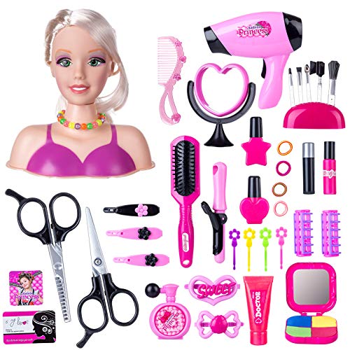 WANENGEDIY Frisierkopfpuppe für Kinder Frisierpuppenkopf mit Haartrockner Frisierkopf für Prinzessinnenpuppen Zubehör für Haare & Make-up Spielzeug für Mädchen ab 3 Jahren (Satz von 39 Stück von WANENGEDIY