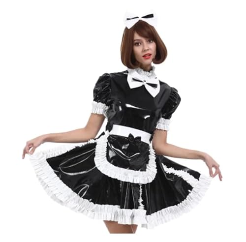 Sissy Patchwork-Kleid mit hohem Kragen, plissierter Schleife zum Verriegeln, Prinzessinnen-Kostüm, PVC, Dienstmädchen-Kostüm, Cosplay, Schwarz, Größe 4XL von WANGCHAOYA