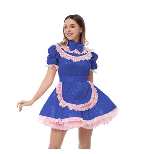 WANGCHAOYA Cosplay, Dienstmädchen-Uniformen, Spitzenbesatz, hoher Halsausschnitt, metallisch, Mini-Dienstmädchen-Kostüm mit Schürze, süße Schleife, Rollenspiel-Outfit, Blau, 6XL von WANGCHAOYA