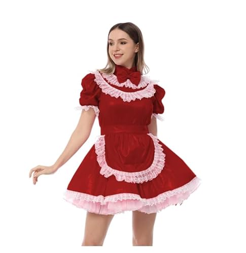 WANGCHAOYA Cosplay, Dienstmädchen-Uniformen, Spitzenbesatz, hoher Halsausschnitt, metallisch, Mini-Dienstmädchen-Kostüm mit Schürze, süße Schleife, Rollenspiel-Outfit, Rot, Größe XL von WANGCHAOYA