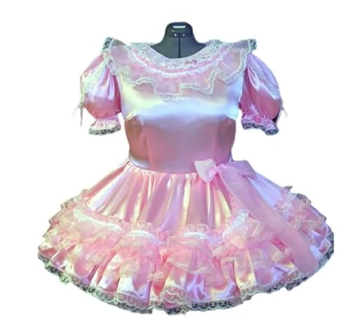 WANGCHAOYA Dienstmädchen-Prinzessinnenkleid, abschließbar, Satin, Spitze, Spitze, Sissy, Uniform, Rollenspiel-Kostüm, Rosa, Größe 4XL von WANGCHAOYA