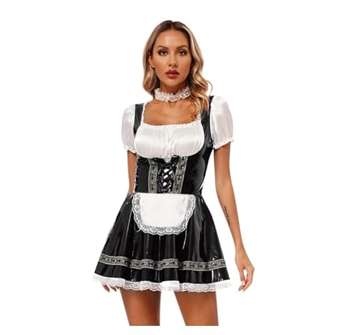 WANGCHAOYA Französisches Dienstmädchen-Rollenspiel-Outfit, Halloween, Damen, Dienstmädchen, Schürze, Cosplay, Kostüm, Karneval, Tüll, A-Linie, Röcke, Schwarz, Größe 6XL von WANGCHAOYA