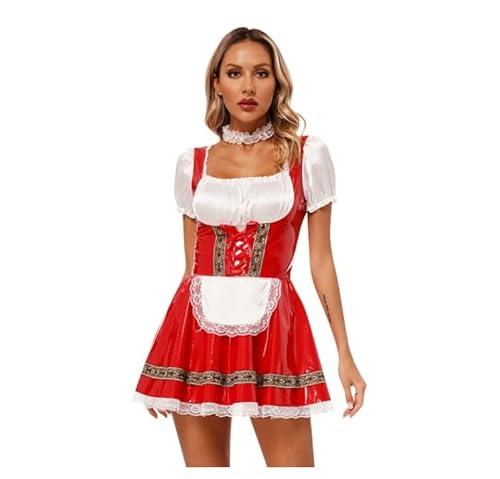 WANGCHAOYA Französisches Dienstmädchen-Rollenspiel-Outfit, Halloween, Damen, Dienstmädchenschürze, Kostüm, Cosplay, Kostüm, Karneval, Tüll, A-Linien-Röcke, Rot, Größe M von WANGCHAOYA