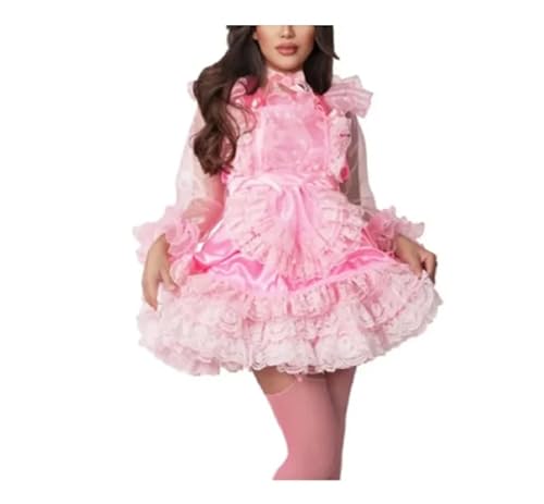 WANGCHAOYA Gothic-Kostüm für Erwachsene, Mädchen, Satin-Organza, gespleißt, langärmelig, flauschiger Spitzenrock, unabhängige Schürze, Rosa, Größe M von WANGCHAOYA