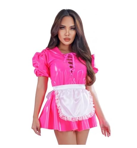 WANGCHAOYA Kleid für Erwachsene, Mädchen, rosa, dünn, PVC, offene Brust, kurzärmelig, Weiß, Satin-Schürze, Ballrolle, rosarot, X-Large von WANGCHAOYA