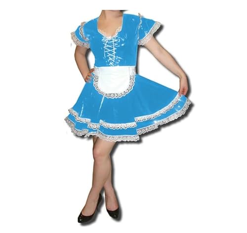 WANGCHAOYA Lolita Mini-Mädchen-Uniform mit Spitzenbesatz, glänzendes PVC-Leder, kurze Ärmel, A-Linie, Dienstmädchenkleid, Cosplay-Kostüm, anpassbar, Seeblau, XXL von WANGCHAOYA