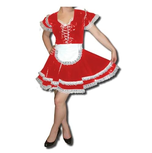 WANGCHAOYA Lolita Mini-Mädchen-Uniform mit Spitzenbesatz, glänzendes PVC-Leder, kurze Ärmel, A-Linie, Dienstmädchenkleid, Dienstmädchenkleid, Cosplay-Kostüm, personalisierbar, Rot, 5XL von WANGCHAOYA