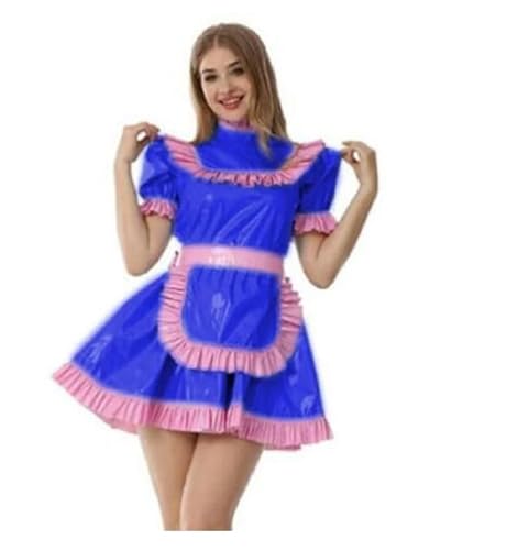WANGCHAOYA PVC-Kleid für Dienstmädchen, hoher Halsausschnitt, Rüschenschürze, Cosplay, Kostüm, Blau, Größe 6XL von WANGCHAOYA