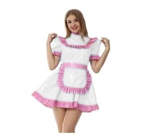 WANGCHAOYA PVC-Kleid für Dienstmädchen, hoher Halsausschnitt, Rüschenschürze, Cosplay, Kostüm, Weiß, Größe XL von WANGCHAOYA