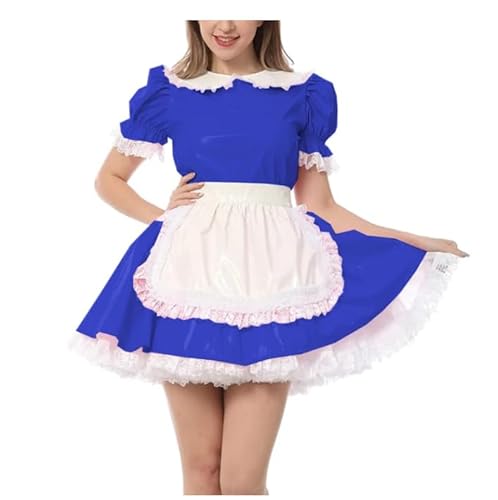 WANGCHAOYA Puff, kurzärmelig, plissiert, Dienstmädchenkleid mit Schürze, PVC-Leder, Halloween, Cosplay, Dienstmädchen, Uniform, Sissy, exotische Dienstmädchen-Outfits, Blau, Größe XL von WANGCHAOYA