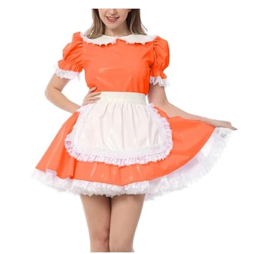 WANGCHAOYA Puff, kurzärmelig, plissiert, Dienstmädchenkleid mit Schürze, PVC-Leder, Halloween, Cosplay, Dienstmädchen, Uniform, Sissy, exotische Dienstmädchen-Outfits, Orange, Größe XL von WANGCHAOYA