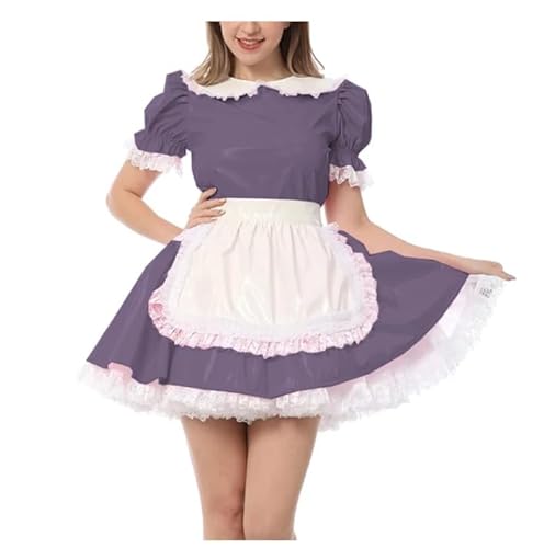 WANGCHAOYA Puff, kurzärmelig, plissiert, Dienstmädchenkleid mit Schürze, PVC-Leder, Halloween, Cosplay, Dienstmädchen, Uniform, Sissy, exotisches Dienstmädchen-Outfit, Dunkelviolett, S von WANGCHAOYA