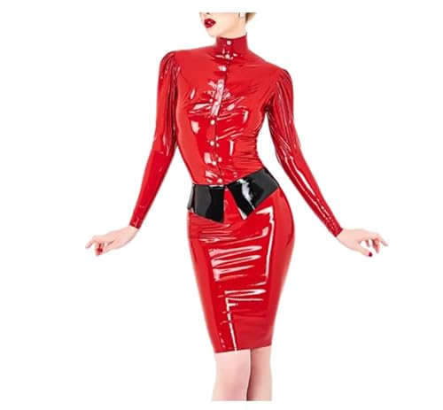 WANGCHAOYA Rote Damen-Latex-Anziehuniform, Gummihemd und Rock, ein Set, Kostüme, handgefertigte Kleidung, Farbe Größe kann angepasst werden, Rot und Schwarz, Größe S von WANGCHAOYA