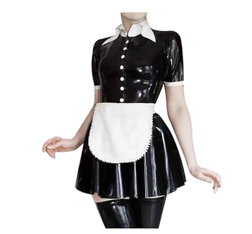 WANGCHAOYA Schwarz-weißes französisches Dienstmädchen-Latex-Kleider mit Schürze, Rüschen, Knöpfen, vorne, Gummi-Farbe, Größe kann angepasst werden, schwarz / weiß, 48 von WANGCHAOYA
