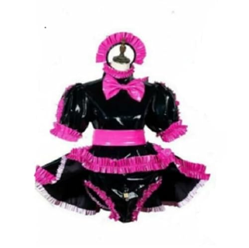 WANGCHAOYA Sissy PVC-Kleid für Erwachsene, abschließbar, Rosa, Uniform, Dienstmädchen, Rollenspiel, Rock, individuelle Anpassung, Rosenrot und Schwarz, Größe 7XL von WANGCHAOYA