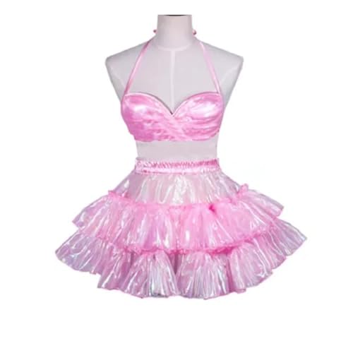 WANGCHAOYA Sissy Pinkes Organza-Oberteil und -Rock für Erwachsene, Crossdresser-Party, Unisex, Kostüm, Dienstmädchen, Uniform, Rollenspiel, Rosa, Größe 7XL von WANGCHAOYA