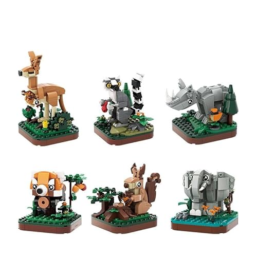 WANGE Reproduktion von Tieren zum Bauen mit Bauklötzen. Set mit 6 Tieren: Känguru, Roter Panda, Nashorn, Eichhörnchen, Elefant und Lemur. von WANGE