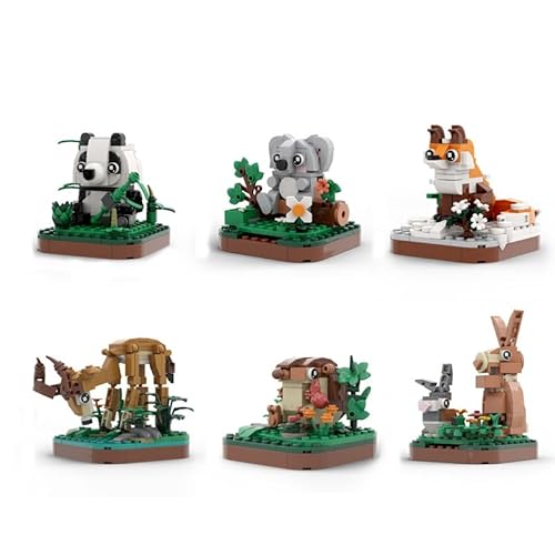 WANGE Reproduktion von Tieren zum Bauen mit Bausteinen. Set von 6 Tieren: Pandabär, Koala, Fuchs, Kaninchen, Antilope und Igel. von WANGE