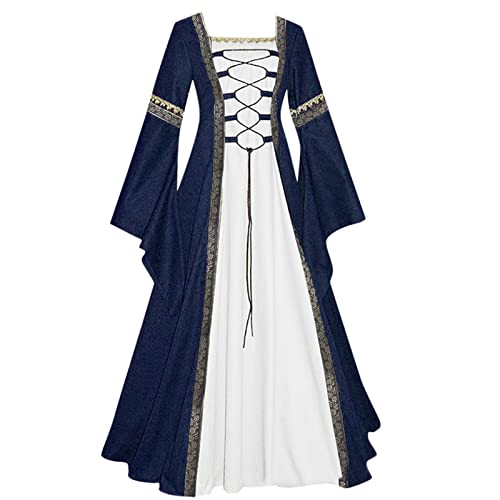 Mittelalter Kleid Damen Große Größen A-Line Partykleider Lace Up Karneval Party Halloween Kostüm Gothic Kleidung Halloween Kostüm Fasching Karneval Party Cosplay Kleid Trompetenärmel Bodenlanges von WANGTIANXUE