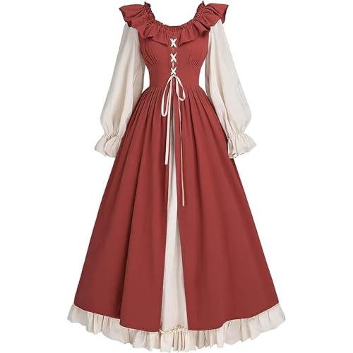 WANGTIANXUE Mittelalter Kleidung Damen, Mittelalter Kostüm Damen, Steampunk Damen, Mittelalterliches Kleid mit doppeltem Saum und Stehkragen für Damen, großer antiker langer Rock, langärmliges Kleid von WANGTIANXUE