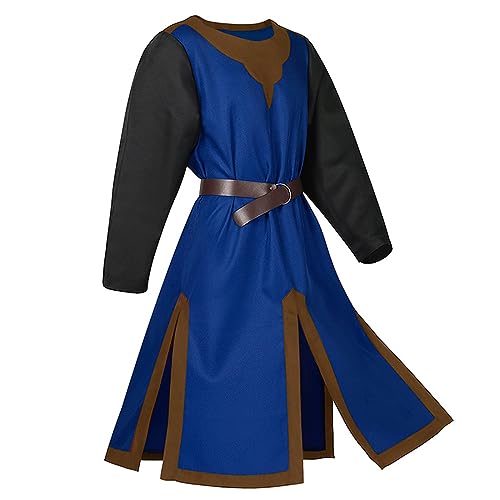 Mittelalter Kleidung Herren, Mittelalter Kostüm Herren, Steampunk Herren, Herren Farbblock-Robe, mittelalterliche Retro-Tunika, Bühnenauftrittskleidung, schmales Oberteil (einschließlich Gürtel) von WANGTIANXUE