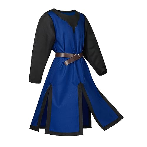 Mittelalter Kleidung Herren, Mittelalter Kostüm Herren, Steampunk Herren, Herren Farbblock-Robe, mittelalterliche Retro-Tunika, Bühnenauftrittskleidung, schmales Oberteil (einschließlich Gürtel) von WANGTIANXUE