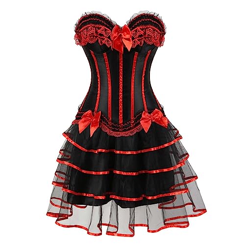 Mittelalter Rock Damen Set Steampunk Gothic Rock und Korsett Zweiteiliges Vintage Viktorianisch Renaissance Spitzen Tutu Rock Halloween Karneval Kostüm Palast Gotischer Punk 2PCs Party Outfit von WANGTIANXUE