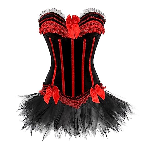 WANGTIANXUE Damen Tutu Rock Zweiteilig Gothic Rock und Korsett Zweiteiliges Vintage Mittelalter Viktorianisch Renaissance Spitzen Rock und Corset 2PCs Set Halloween Karneval Kostüm Ball Party Outfit von WANGTIANXUE