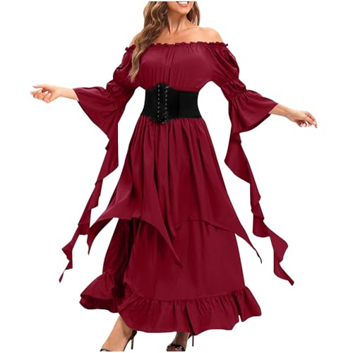 WANGTIANXUE Mittelalter Kleidung Damen, Halloween Kostüm Damen, Mittelalter Kostüm Damen, Damenkleid im mittelalterlichen Palaststil mit Gürtel von WANGTIANXUE