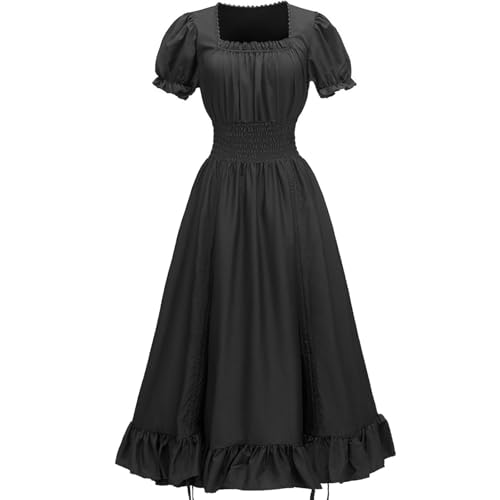 WANGTIANXUE Mittelalter Kleidung Damen, Halloween Kostüm Damen, Mittelalter Kostüm Damen, Einfarbiges pastorales mittelalterliches Cosplay-Kurzarmkleid mit quadratischem Ausschnitt für Damen von WANGTIANXUE