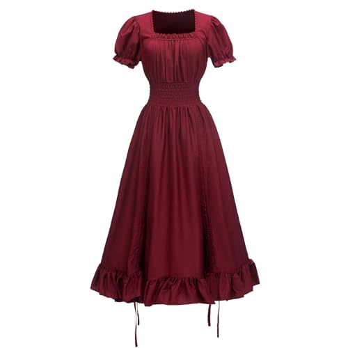 WANGTIANXUE Mittelalter Kleidung Damen, Halloween Kostüm Damen, Mittelalter Kostüm Damen, Einfarbiges pastorales mittelalterliches Cosplay-Kurzarmkleid mit quadratischem Ausschnitt für Damen von WANGTIANXUE