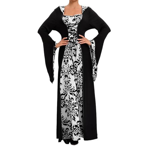 WANGTIANXUE Mittelalter Kleidung Damen, Halloween Kostüm Damen, Mittelalter Kostüm Damen, Mittelalterliches Kleid, normaler Saum, komplexer Damen-Stehkragen, großes antikes langes Damenkleid von WANGTIANXUE