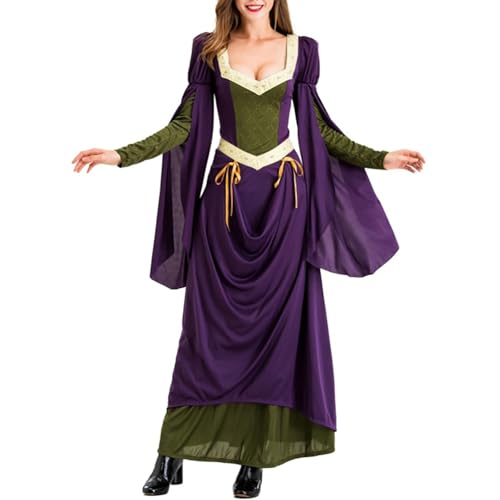 WANGTIANXUE Mittelalter Kleidung Damen, Halloween Kostüm Damen, Mittelalter Kostüm Damen, Mittelalterliches Kleid mit doppeltem Saum und Stehkragen für Damen langärmliges Kleid mit Rundhalsausschnitt von WANGTIANXUE