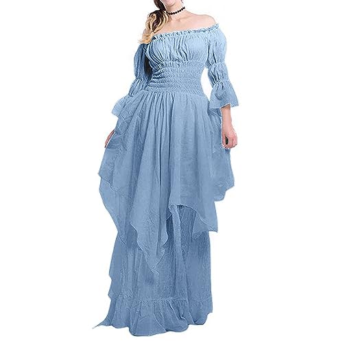 WANGTIANXUE Mittelalter Kleidung Damen, Mittelalter Kostüm Damen, Steampunk Damen, Damen mittelalterliches Renaissance-Retro-Stil einfarbiges Prinzessinnenkleid mit Glockenärmeln von WANGTIANXUE