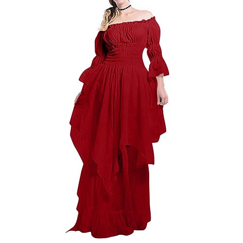 WANGTIANXUE Mittelalter Kleidung Damen, Mittelalter Kostüm Damen, Steampunk Damen, Damen mittelalterliches Renaissance-Retro-Stil einfarbiges Prinzessinnenkleid mit Glockenärmeln von WANGTIANXUE