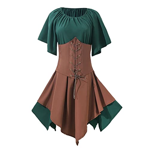 WANGTIANXUE Mittelalter Kostüm Damen, Mittelalter Kleidung Damen, Steampunk Damen, Damen Kostüme Gothic Retro Langarm Korsett Kleider Kurzarm Rundhals Midi Kleid von WANGTIANXUE