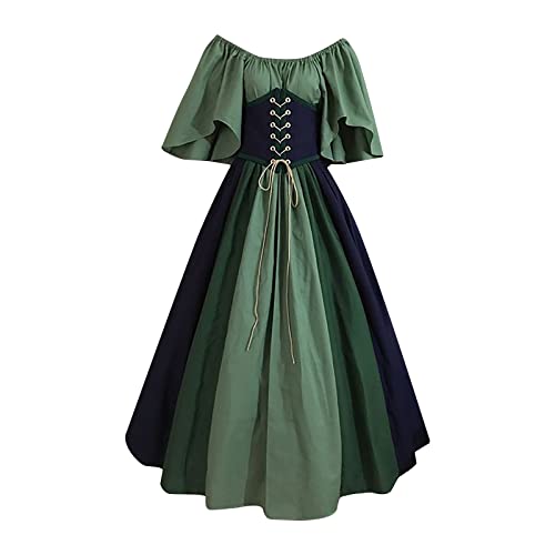 WANGTIANXUE Mittelalter Kostüm Damen, Mittelalter Kleidung Damen, Steampunk Damen, Damen Mittelalter Vintage Farblich passendes Kurzarm-Schulterfreies Kleid von WANGTIANXUE