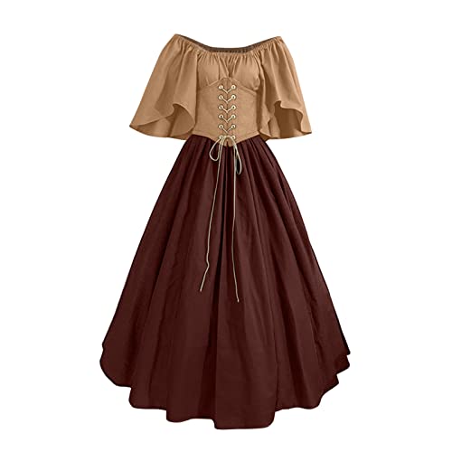 WANGTIANXUE Mittelalter Kostüm Damen, Mittelalter Kleidung Damen, Steampunk Damen, Damenkleid im Mid-Century-Retro-Look im Palaststil mit Schnürung und kontrastierenden Farben und fliegenden Ärmeln von WANGTIANXUE