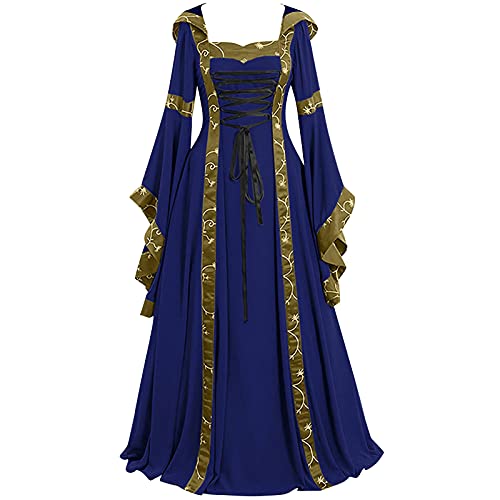 WANGTIANXUE Mittelalter Kostüm Damen, Mittelalter Kleidung Damen, Steampunk Damen, Langärmeliges Mid-Century-Retro-Kleid für Damen mit Kapuze, quadratischem Ausschnitt und Glockenärmeln, voller Rock von WANGTIANXUE