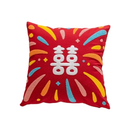 WANGWANGDUI Home Pillow New Chinese Style Pillow With Happy Character Living Room Sofa Bedroom Pillowcase New Year Wedding Red Back Rest Pillow (B) von WANGWANGDUI