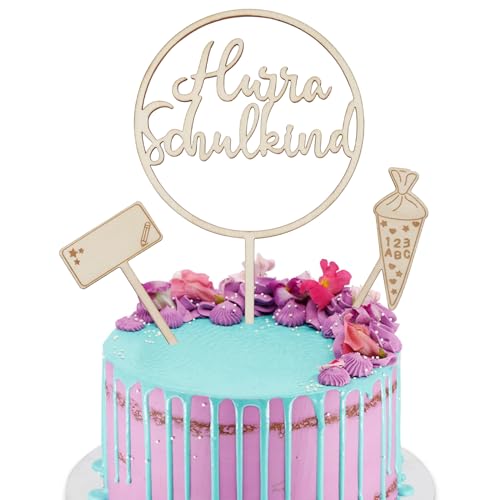 WANYI 3 Stk Tortendeko Einschulung Holz Hurra Schulkind Deko Kuchendeko Schulanfang Cake Topper Zuckertüte ABC 123 Schuleinführung Deko Set für Schultag Party Deko Geschenke Junge Mädchen (A) von WANYI