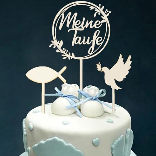 WANYI 3 Stück Cake Topper Taufe Holz mit Fisch Taube Meine Taufe Personalisiert Tortendeko Taufe Kuchen Deko Taufe Tortenstecker Tortenaufleger Torte Deko für Taufdeko Mädchen Junge (A) von WANYI